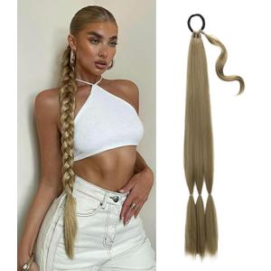 Long Braided Ponytail Extension for Women Soft Lightweight Synthetic DIY Hairpiece Wrap Around Pony Tail Style for Daily Wear & Parties (34 Inch Light Brown) (Light brown mixed dark blonde)