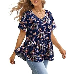 YESNO Women's Summer Tops Casual V Neck Babydoll Blouses Floral Short Sleeve Peplum Shirts M TH2 CR030
