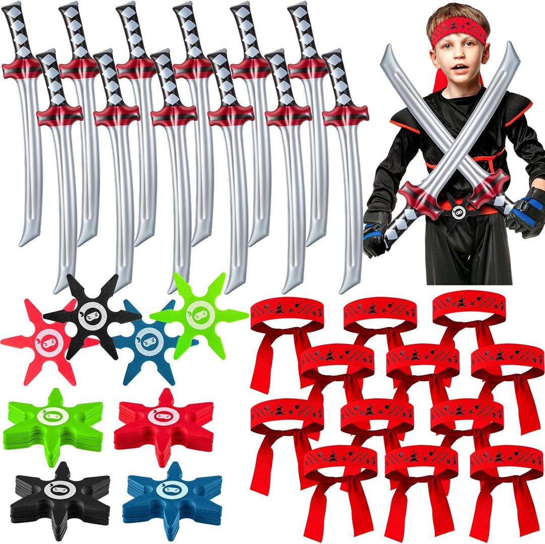 Deekin 48 Pcs Ninja Karate Party Favors Includes Inflatable Sword,Throwing Foam Star Toys,Karate Headbands for Ninja Theme Party Decorations Goodie Bag Fillers Gifts Boys Girls Costume Accessories