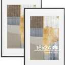 16x24 inch Metal Poster Frame - 16 x 24 Thin Aluminum Picture Frames Matted for 12x18 Photos, Artworks, Prints, Puzzle - High Definition Plexiglass - Vertical and Horizontal Display - Wall Hook Hanging Hardware Included - Black, Set of 2