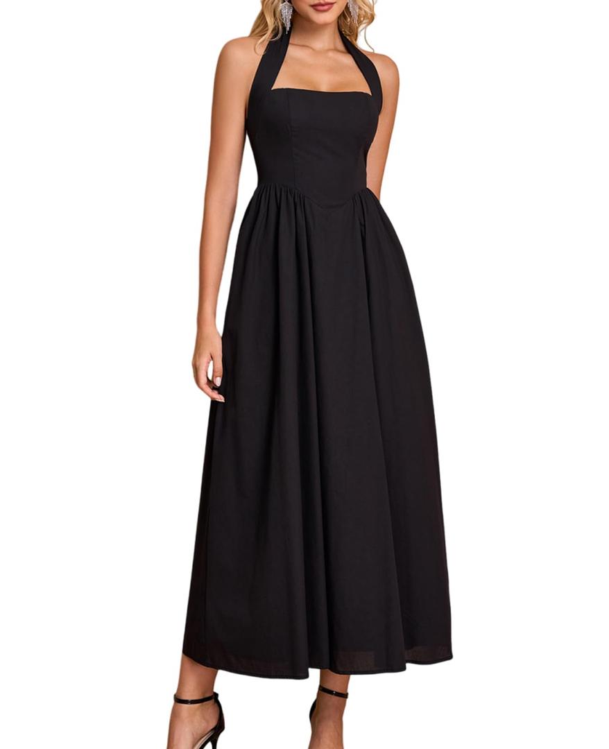 JKMNAO Halter Wedding Guest Midi Dress Corset Flowy A Line Tea Party Sundress 2026 Milkmaid Dresses with Pockets Black, medium