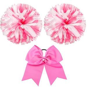 Hanaive Cheerleading Pom Poms and Large Cheerleader Hair Bow for Girl, 3 Count (12 Inch Large Metallic Pink and White Mixed, Matte) for Sports Team Spirit Cheering