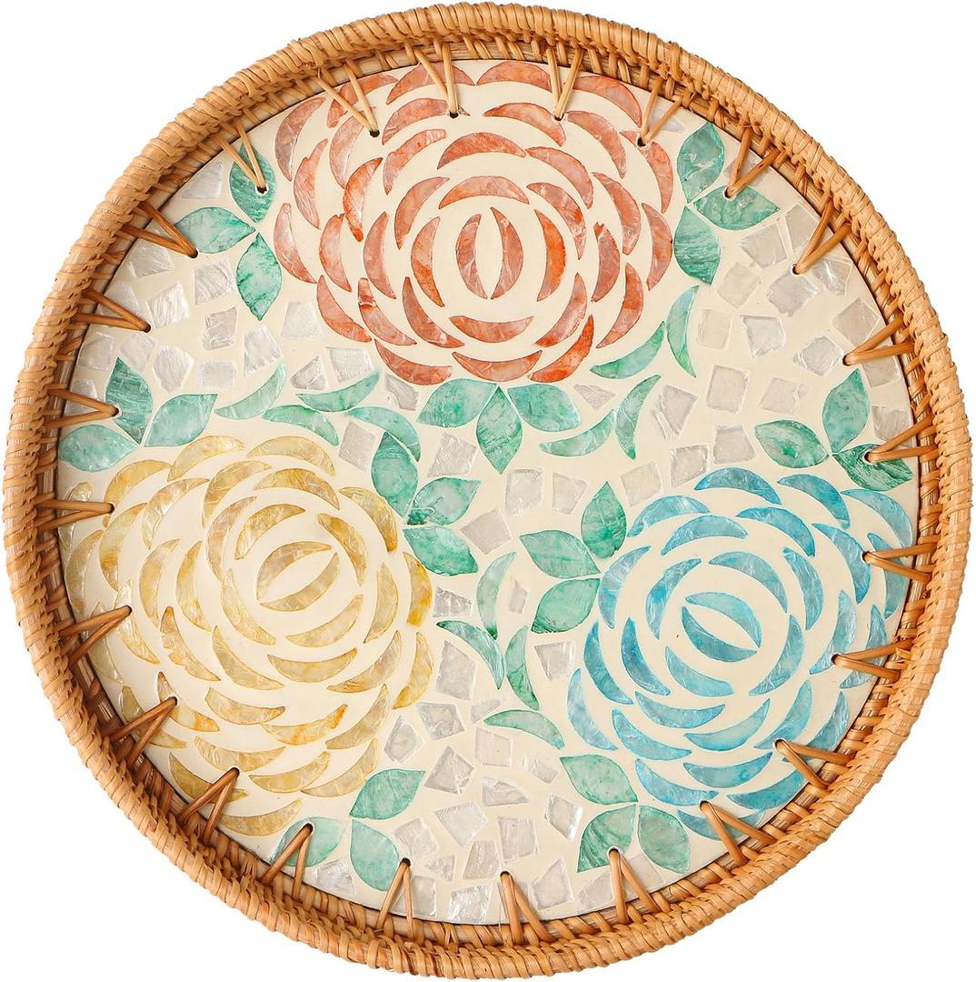 Aayoruro Round Rattan Tray with Mother of Pearl Inlay, Decorative Wicker Serving Tray with Wooden Base, Woven Basket Trays for Bread Fruits Coffee, Peony
