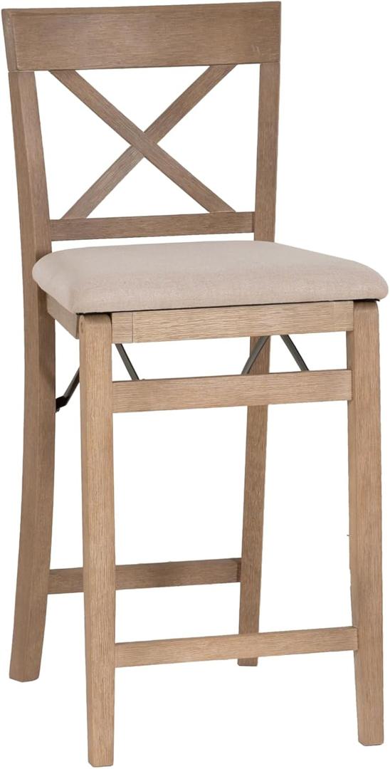 Linon Triena X Back Neutral Greywash Wooden Fully Assembled Folding 24 Inch Seat Height Counter Stool with Beige Upholstered Seat