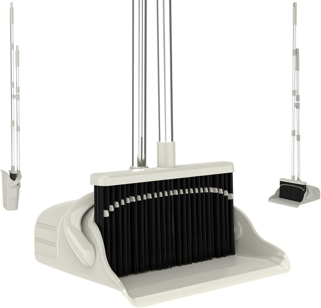 Broom and Dustpan Set, Gray Yellow 52-Inch Adjustable Handle Upright Broom with Clip-Together Storage for Home, Kitchen, Office, Apartment