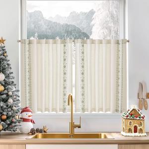 JINCHAN Small Window Curtains 45 Inch Length Christmas Decorations Linen Cafe Curtains for Kitchen Bathroom Bordered Floral Embroidered Rustic Farmhouse Light Filtering Curtain 2 Panels Green on Beige