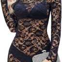 Avidlove Womens Sheer Lace Dress Sexy Long Sleeve Dress See Through Lingerie Short Mini Dresses for Party (No Linling).L