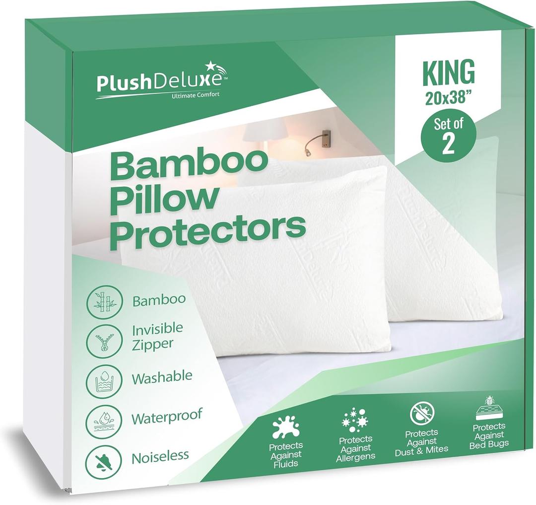 Premium King 20''x38'' Waterproof Pillow Protector Covers - Viscose Made from Bamboo  Allergy, Dust, and Mite Proof Zippered Pillowcase, Set of 2