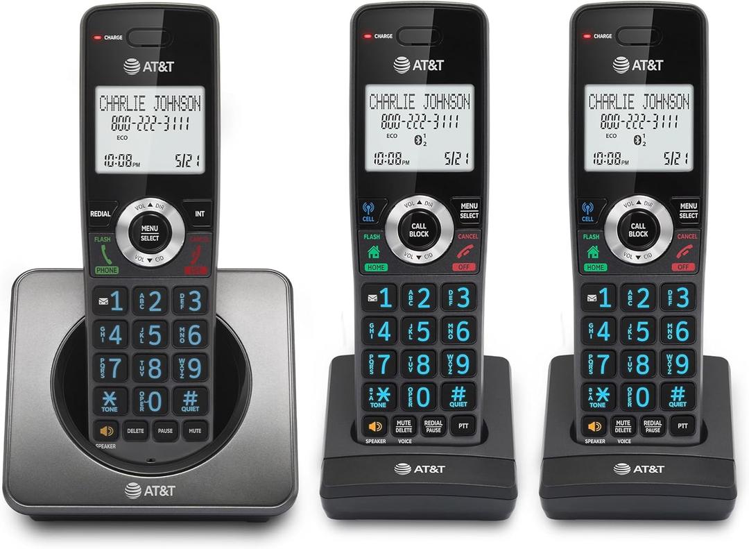 AT&T GL2101-3 DECT 6.0 3-Handset Cordless Home Phone with Call Block, Caller ID, Full-Duplex Handset Speakerphone, 2" White Backlit Display, Lighted Keypad (Graphite & Black)