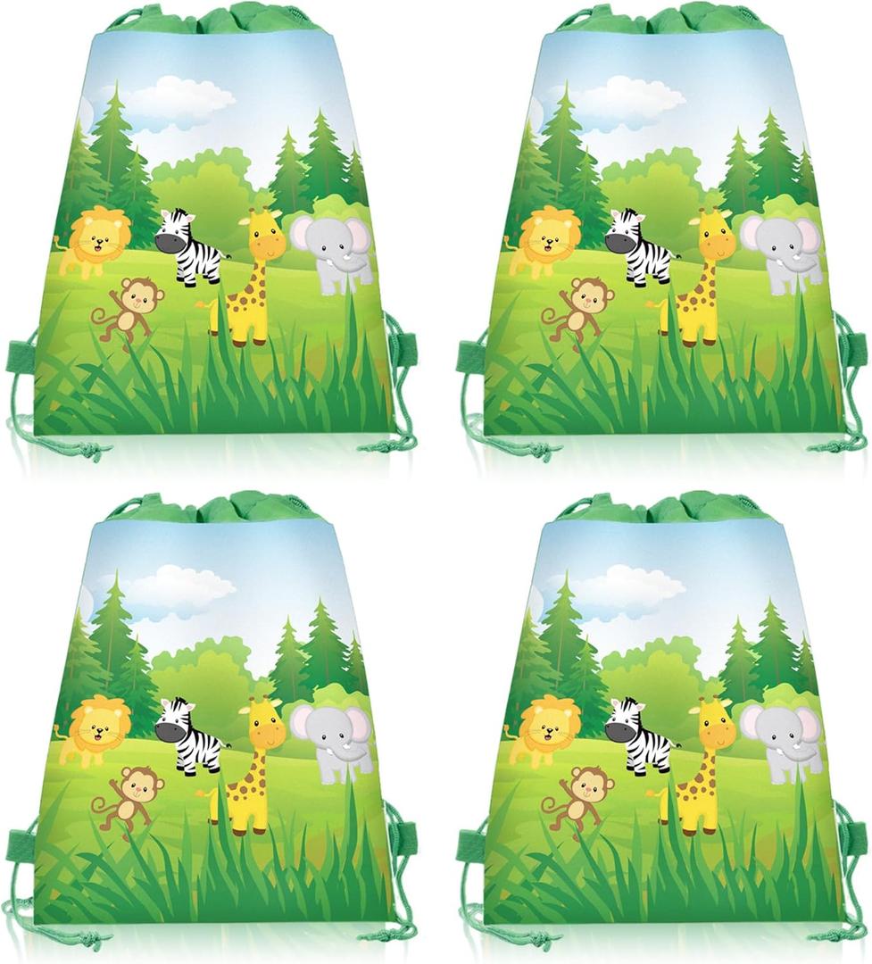 CC HOME 12 Pack Jungle Animals Drawstring Party Bags Safari Gift Candy Treat Bags Jungle Animals Theme Party Favor for Kids Girls Boys Birthday Baby Shower Decorations 10.6 x 13.4inches