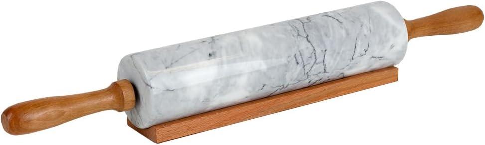 Home Basics White Marble Stone Rolling Pin with Easy Grip Wood Handles and Wooden Cradle Display Stand Heavy & Solid for Baking Bakery Donuts Cookie Pasta Pie Dough Pastry Fondant Chefs