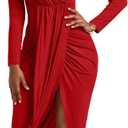 GOBLES Women's Sexy Long Sleeve V Neck Wrap Ruched Front Slit Midi Party Dress (Large, Red)
