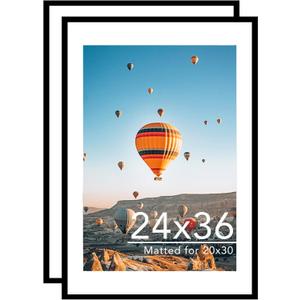 JCJMY 24x36 Picture Frame with 20x30 Mat Set of 2, Display Photo 20x30 with Mat or 24 x 36 Without Mat, Wall Hanging Large 24 by 36 Poster Frame with Plexiglass, 2 Pack, Black