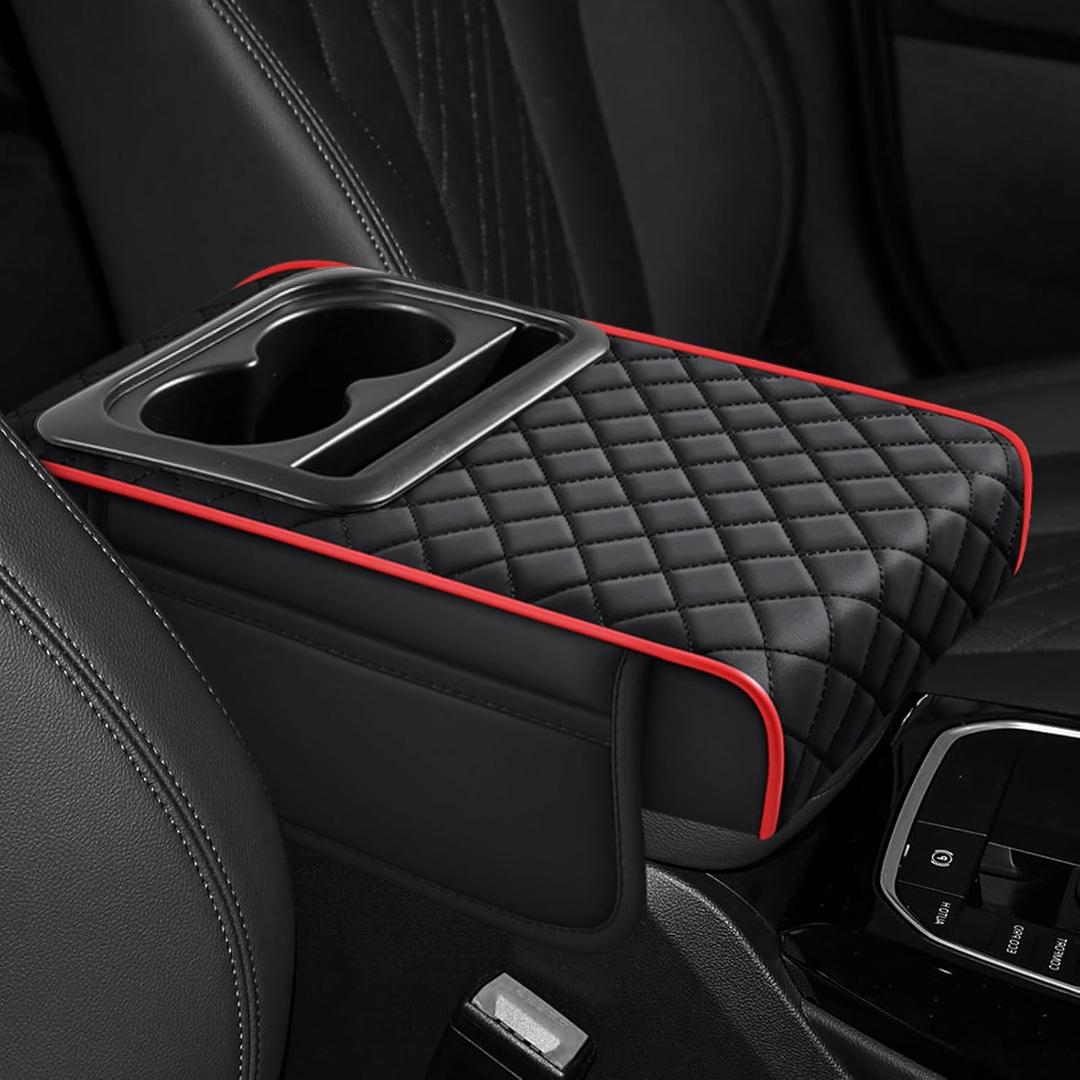 Hovom Car Center Console Cover, 13.39"7.87"2.76" Leather Armrest Cover for Cars, Memory Foam Armrest Pillow with Pocket, Cup Holder & Phone Slot, Universal Vehicle Arm Rest Cushion Pad (Black/Red)