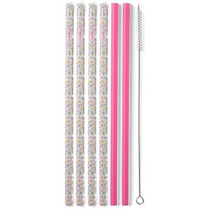 Swig Life Pack of 6 Reusable Plastic Straws with Cleaning Brush, BPA Free Plastic Reusable Straws, Colorful Drinking Straws for Cups & Tumblers (Confetti + Pink)