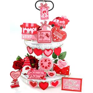 19Pcs Galentines Day Decorations Tiered Tray Decor, Galentines Gnome Heart Centerpieces Sign, Be My Galentine Table Decorations for Ladies Party Home Kitchen Living Room
