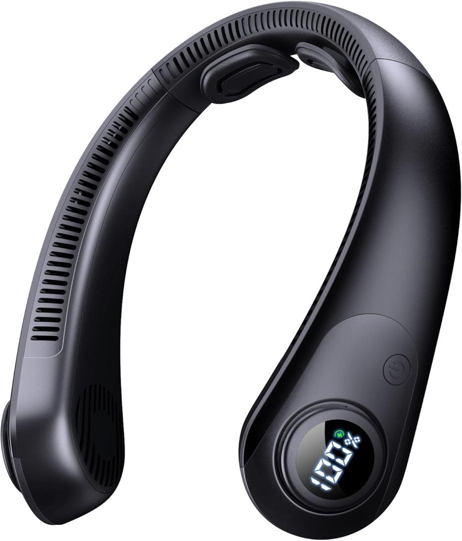 Portable Neck Fan that Blow Cold Air, LED Display, Rechargeable Hands-Free Wearable Cooling Personal Fan, 5 Speed, Neck Support, Bladeless Neck Air Conditioner, Gifts for Women/Men, Hot Flashes (Black)