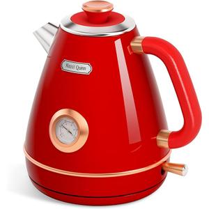Hazel Quinn Retro Electric Kettle  1.7 Liters / 57.5 Ounces Tea Kettle with Thermometer, All Stainless Steel, Fast Boiling 1200 W, BPAfree, Cordless, Rotational Base, Automatic Shut Off  Ruby Red