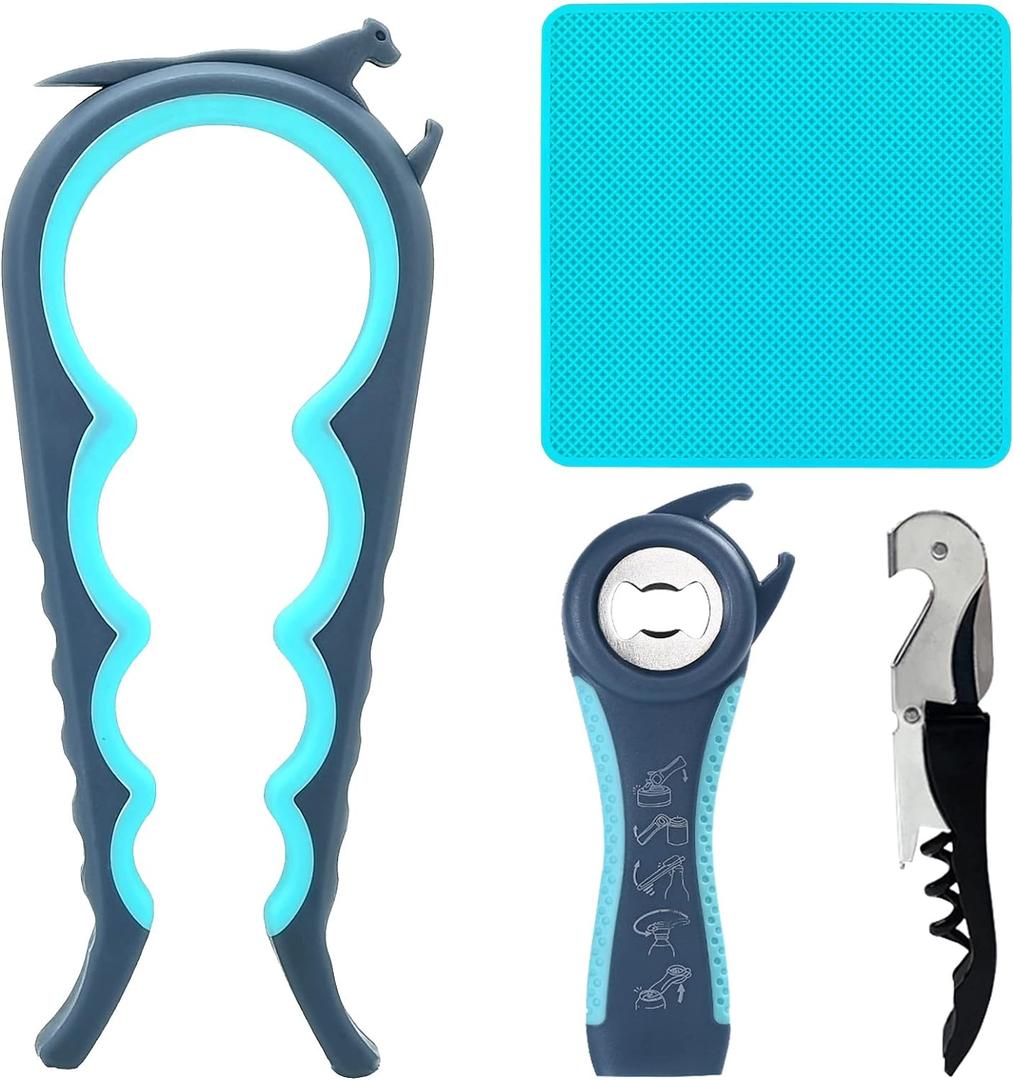 Otstar Latest Jar Opener for Seniors with Arthritis, Weak Hands, Multi-function Bottle Opener with Non Slip Rubber Jar Opener Gripper Pad and Corkscrew Wine Opener (Blue and Grey)