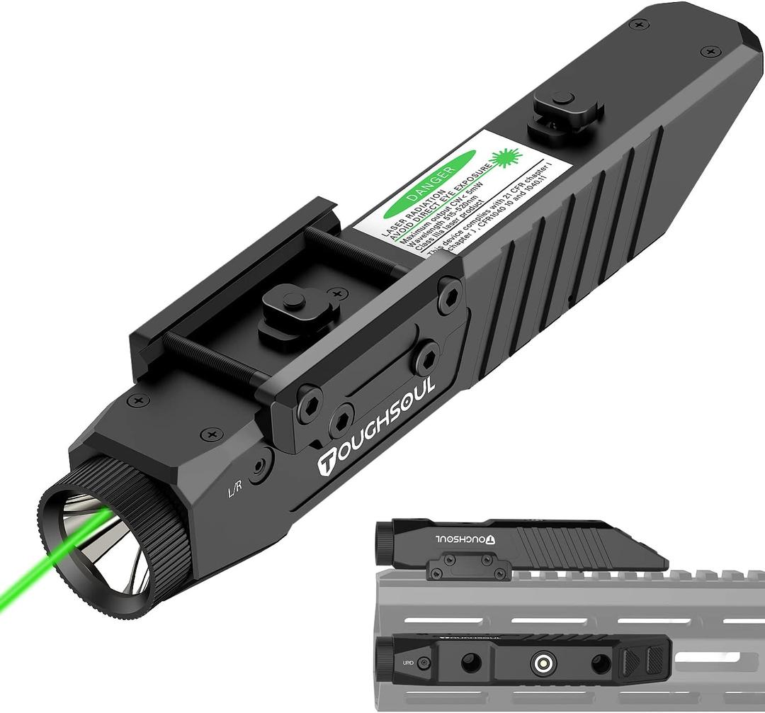 TOUGHSOUL Tactical Flashlight Green Laser Sight Combo, 1750 Lumen Picatinny Rail MLOK Mounted Rechargeable Rifle Flashlight