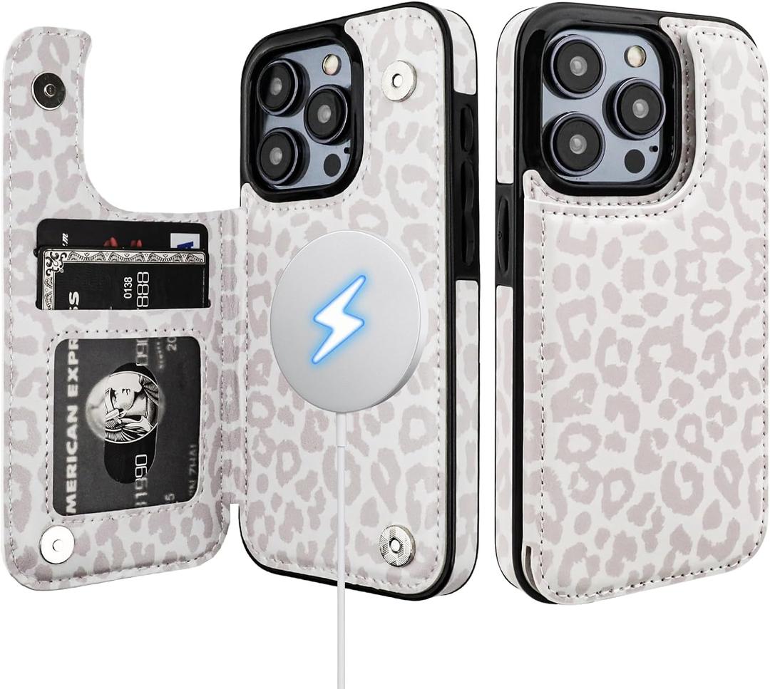 HAOPINSH for iPhone 15 Pro Case Wallet Compatible with MagSafe Wireless Charging, White Leopard Pattern Back Flip Folio Leather Kickstand Card Slots Case Double Magnetic Clasp Cover 6.7"