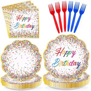 96Pcs Happy Birthday Party Supplies Confetti Sprinkles Plates and Napkins Disposable Sprinkles Theme Tableware Set for Kids Birthday Baby Shower Party Decorations Serves 24