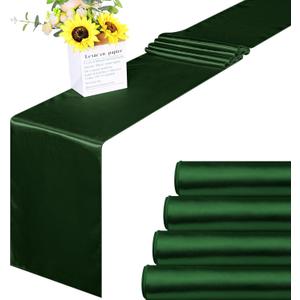 ANECO 4 Pack Satin Table Runner 12 x 108Inch Long Bright Silk and Smooth Fabric Party Table Runner for Wedding Banquet Party Decoration- Forest Green