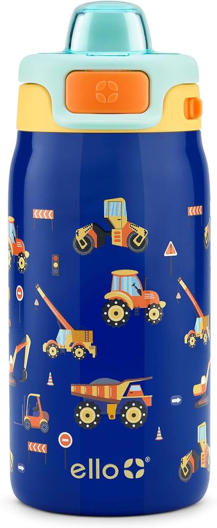 Ello Kids Pop & Fill 12oz Toddler Water Bottle with Quick Fill Lid, Double-Wall Vacuum Insulated Stainless Steel, Leak Proof, BPA Free, Sip & Chug, For School, Lunchboxes, Construction Site