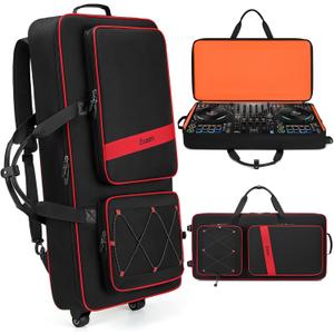 BOSSTIN DJ Controller Case with Wheels Compatible with DDJ FLX10 /1000 /FLX6 /REV7 /REV5, Rolling DJ Case for Equipment, Padded Large DJ Backpack with Multi-Pocket for Laptop Accessories (Black Red)