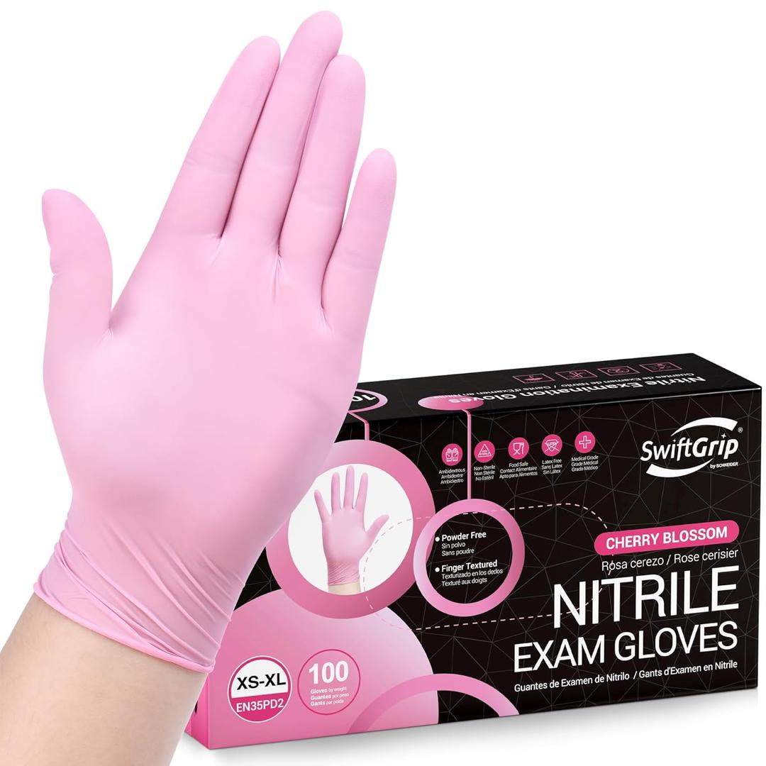 2 x SwiftGrip Pink Nitrile Gloves, 3-mil, Industrial Gloves Disposable Latex Free, for Cleaning & Esthetician, Rubber Powder-Free, 100-ct Box (Large)
