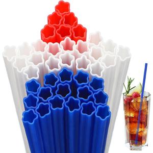 Potchen 120 Pcs Plastic Straws Red Blue White Star Shaped Straws Patriotic Disposable Drinking Cute Straw for Memorial Day 4th of July Independence Day Party Beverage Cocktail Remembrance Supplies