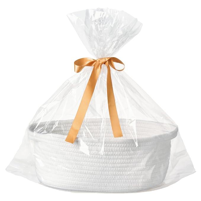 Small Gift Baskets, Empty Woven Baskets for Baby Shower | Gift Bags & Ribbons Included | 13.4 x 10 x 5.5 in, White | Cotton Rope, Handles | Decorative Storage for Boy Girl, Raffle