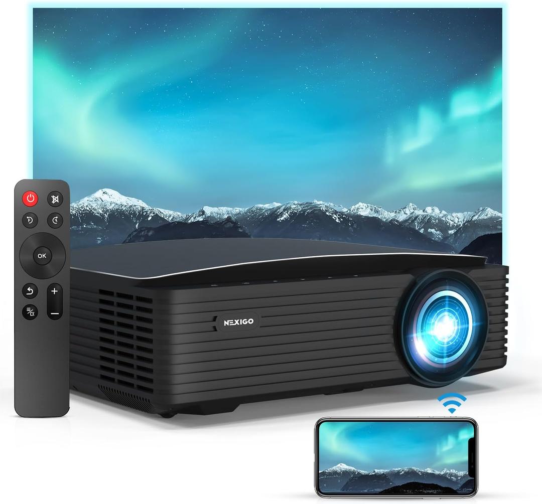 NexiGo PJ20 Outdoor Projector, Movie Projector with WiFi and Bluetooth, Native 1080P, Dolby_Audio Sound Support, Compatible w/TV Stick,iOS,Android,Laptop,Console (Black)