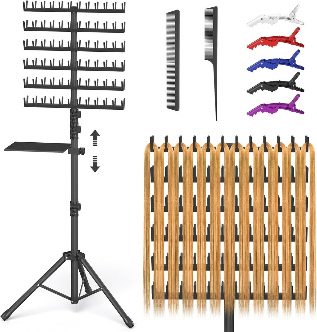 Braiding Hair Rack with Tray, 2-sided 144 Pegs, Heavy Duty Braiding Rack Stand for Hair, Height Adjustable Standing Hair Extension Holder with Storage Bag & Braiding Accessories