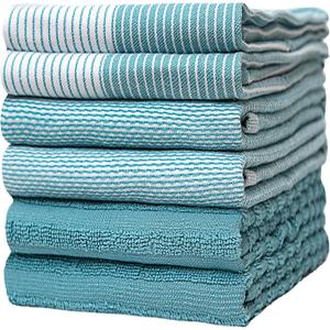 Premium Kitchen Towels (20x 28, 6 Pack) | Large Cotton Dish Towels | Flat & Terry Highly Absorbent Kitchen Linen Set with Hanging Loop | Aqua
