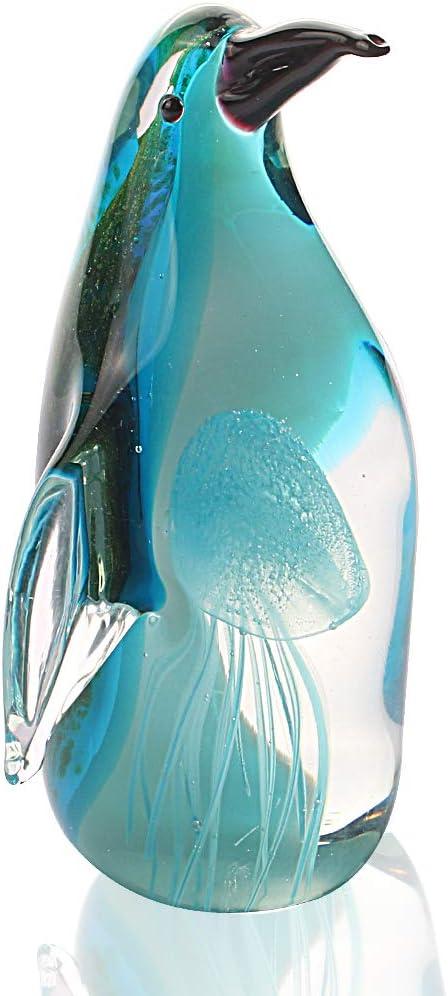 Hophen Art Glass Penguin with Jellyfish Figurine Handmade Blown Crystal Penguin Sculpture Animal Statue Paperweight Collectable Desk Decoration Ornaments