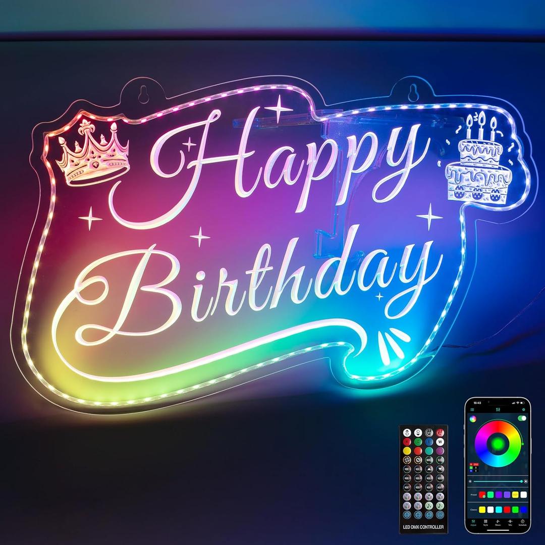 MissAudrey 21x13 Inch Happy Birthday LED Neon Sign for Backdrop Birthday Party Decoration, RGB Colorful Dimmable Light Up Signs, Art Decoration Happy Birthday Neon Sign for Wall Decor(RGB Color)
