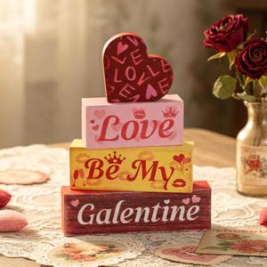 Blulu 4 Pcs Vintage Valentines Galentines Day Decorations Farmhouse Wooden Hearts Table Centerpiece Retro Pink Red Tabletop Signs Block for Ladies Friends Photo Prop Tiered Tray Party Decor