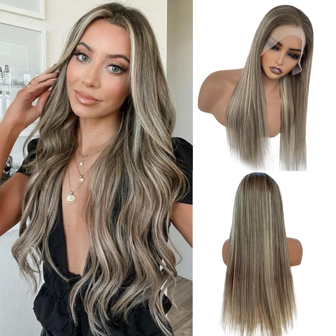 Munx 13x6 Ash Blonde Wig Human Hair, Glueless Lace Front Wigs 180% Density Low Highlights Blonde Deep Hairline Lace Frontal Wigs for White Women Pre Plucked Dark Brown Roots Human Hair 18Inch (#3T8P613)