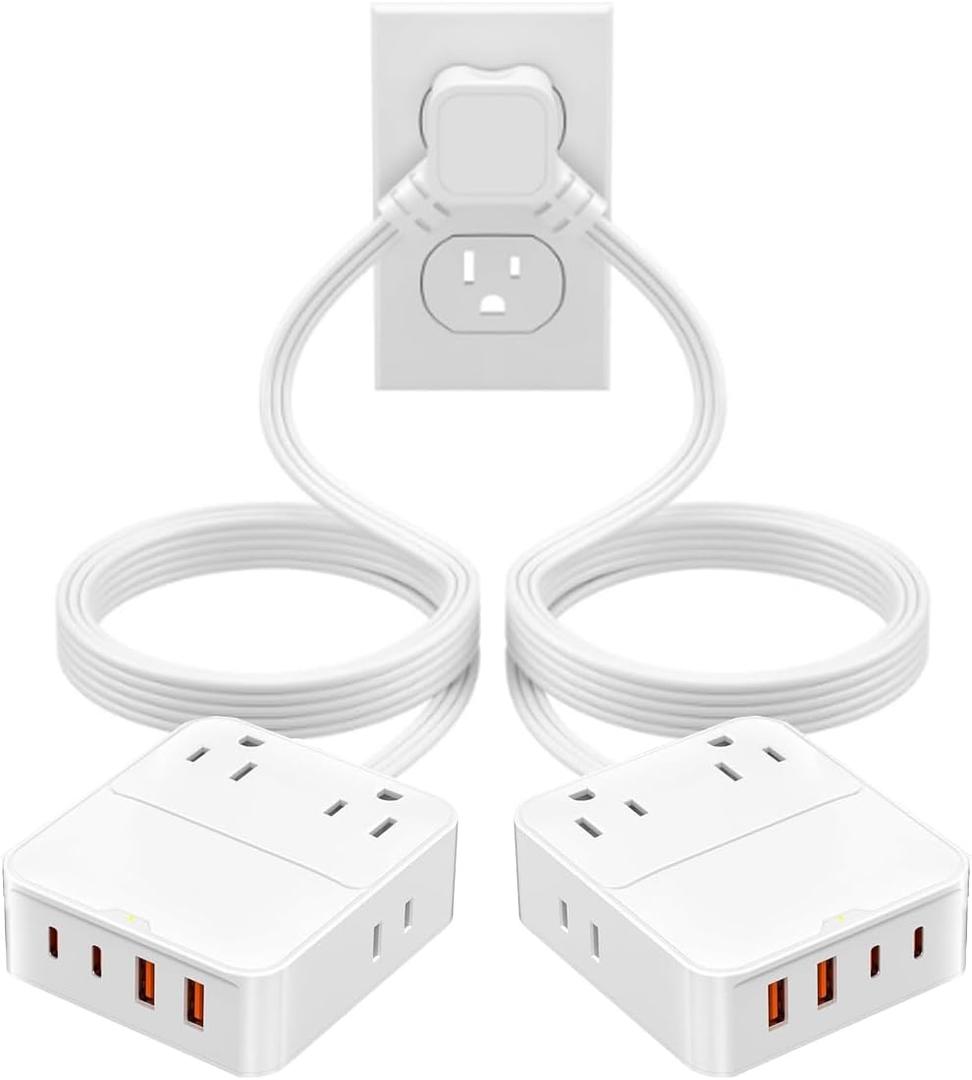 Split Extension Cord 12FT(6FT Per Side) - Single 4 AC & 4 USB Ports | 16-in-1 Twin Flat Plug Power Strip for Bedroom, Dual Flat Outlet Extender - Bedside Charging Station for Travel, Dorm, Office