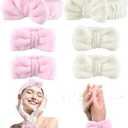 Pack Of 2 EHBELIF 6PCS Spa Headband and Wristband Set for Women & Girls - Soft Skincare Face Wash Headbands with Bows, Makeup Headbands, and Wrist Towels (Beige+Pink, Large)
