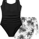 Girls Swimsuit Halter Neck One Piece Bathing Suit with Tropical Printed Cover Up Skirt Girls' Swimwear Set 7-18Y (Black)