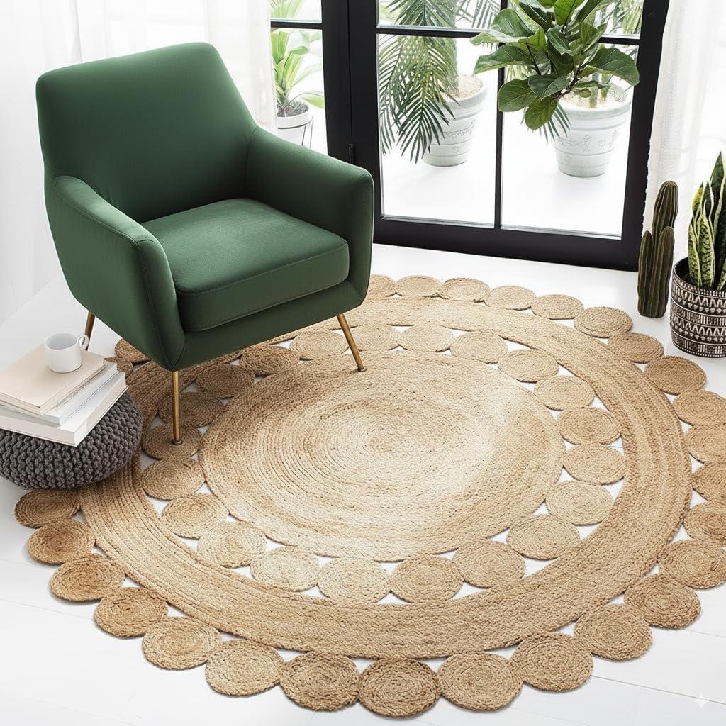 GRUHUM Handwoven Jute Area Rug-4 feet Round- Natural Fiber Boho Soft Braided Rustic Vintage Beige Reversible Eco Friendly Farmhouse Rugs-Indoor Outdoor Kitchen Bedroom LivingRoom Hallways (4'Round)