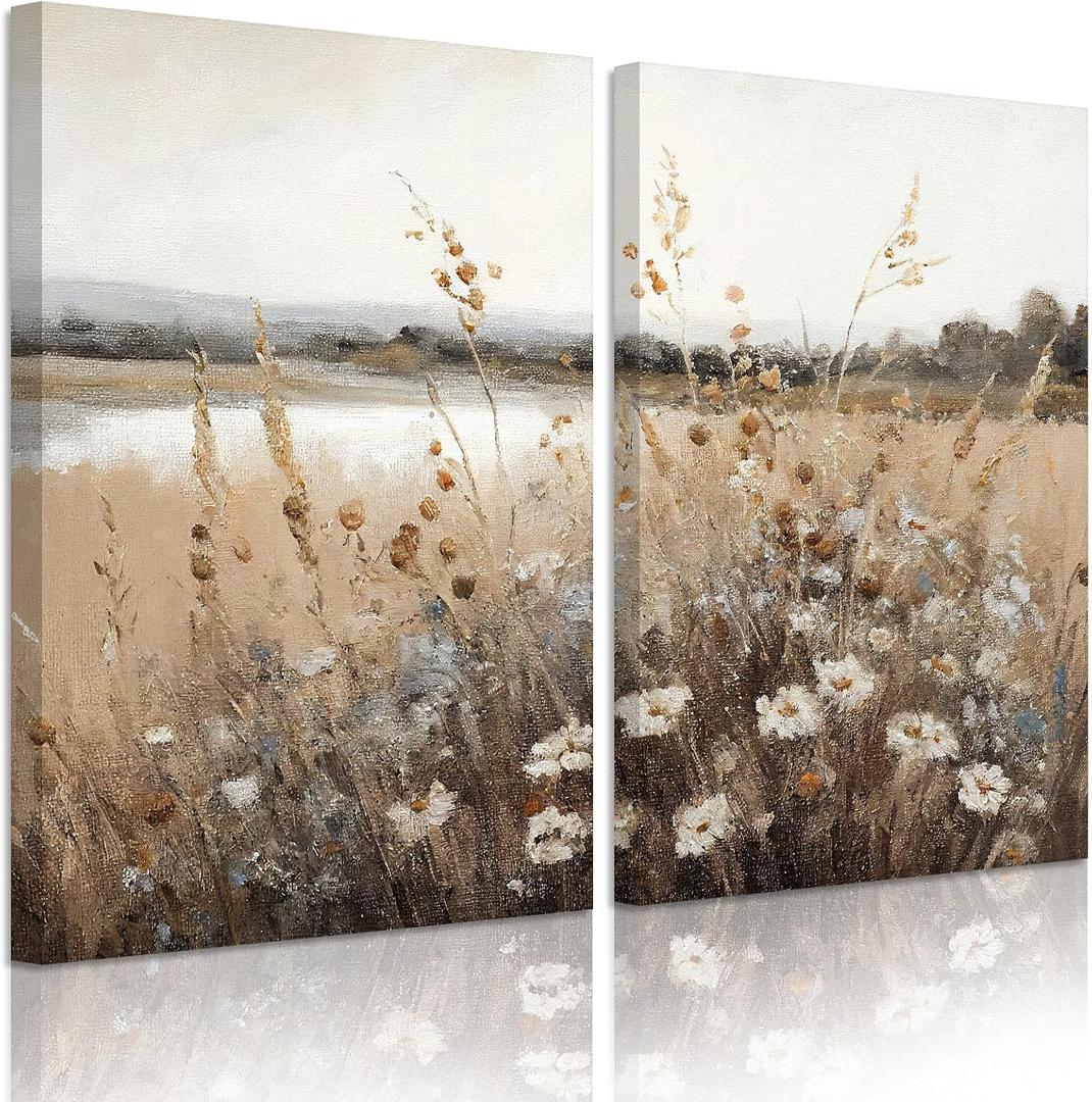 Wildflower Botanical Wall Art Decor Set of 2 Vintage Canvas Wall Decor Landscape Field Wall Art Pictures Farmhouse Prints Landscape Painting Vintage Artwork for Room Bedroom 16x24 Inch Ready to Hang