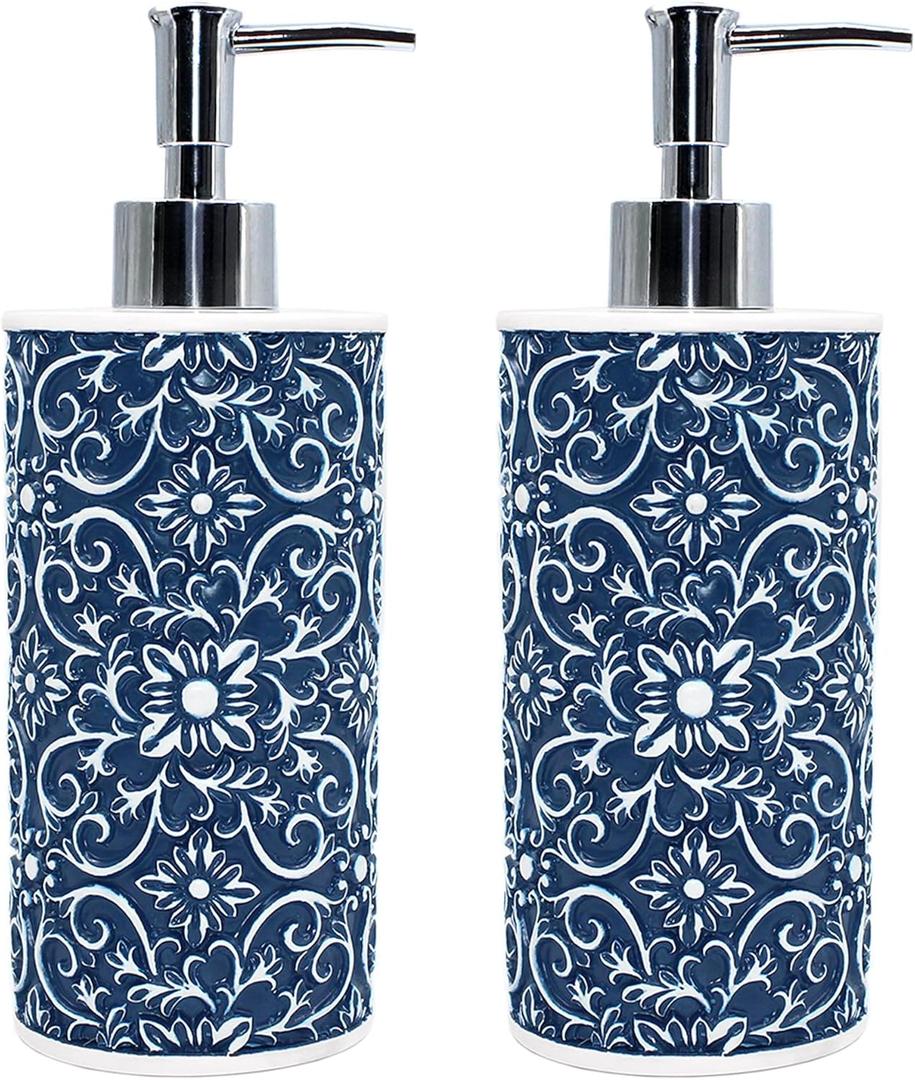 2-Piece Hand Soap Dispenser Sets - Elegant Handmade Floral Pattern Liquid Soap Dispensers for Bathroom Countertop or Kitchen, Blue