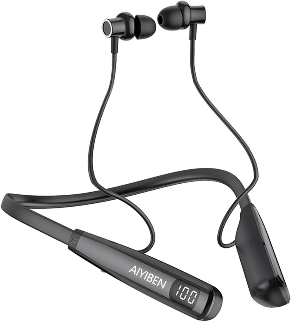 AIYIBEN Neckband Bluetooth Headphone with LED Power, Neckband Headphones 100 Hours Playtime, in-Ear Bluetooth Headphone with Microphone for Running and Exercising in The Gym (Y10)