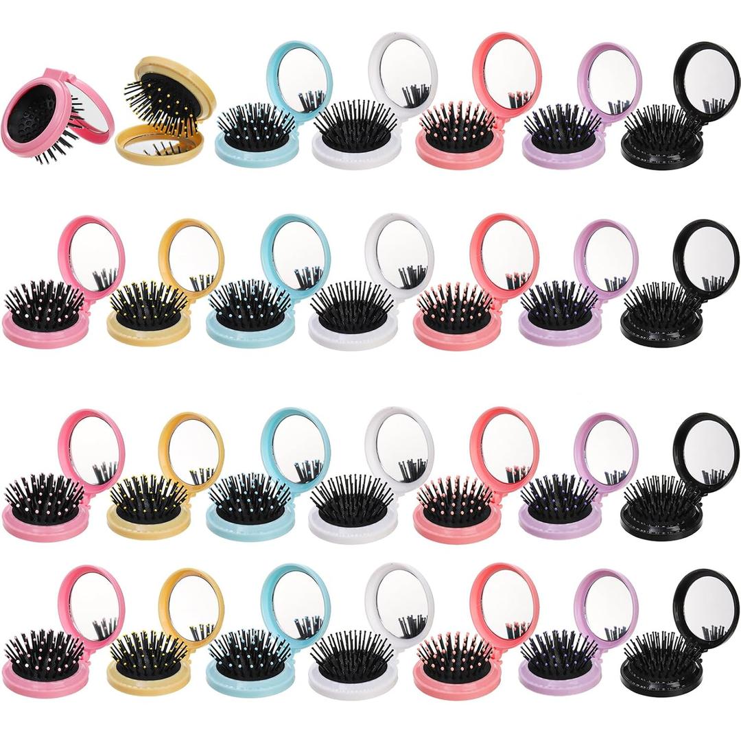 Lawei 28 Pack Folding Travel Hair Brushes with Mirror, Round Mirror Portable Pocket Hair Brush, Mini Mirror with Hairbrush for Purse, Colourful Hair Comb Compact Hair Massage Comb for Women Girls