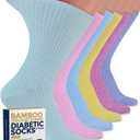 Pembrook Ribbed Knit Bamboo Viscose Diabetic Socks for Women - 6 Pairs | Crew Socks | Pink, Light Pink, Purple, Blue, Green, Yellow | Neuropathy Socks | Diabetic Socks for Women Size 9-11