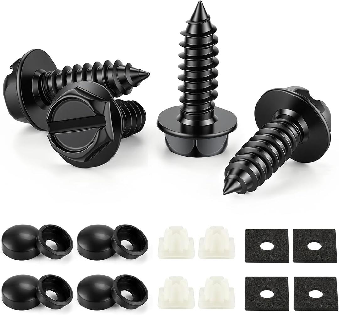LivTee Rustproof License Plate Screws for Securing License Plates Frames and Covers on Cars and Trucks, 4 Sets Premium Stainless Steel Self Tapping Mounting Bolts (Black Zinc Plated)