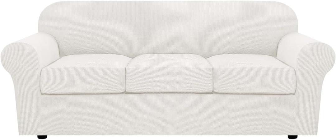 H.VERSAILTEX 4 Piece Stretch Sofa Covers for 3 Cushion Couch Covers for Living Room Furniture (Base Cover Plus 3 Seat Cushion Covers) Upgraded Thicker Jacquard Fabric (Sofa, Porcelain White) (Large)